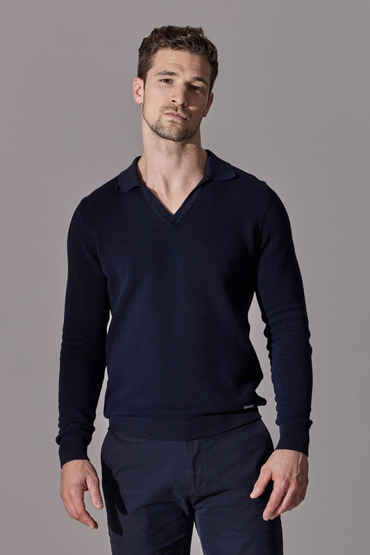 Navy blue long sleeve polo shirt for men. Open collar. Maklin Clothing