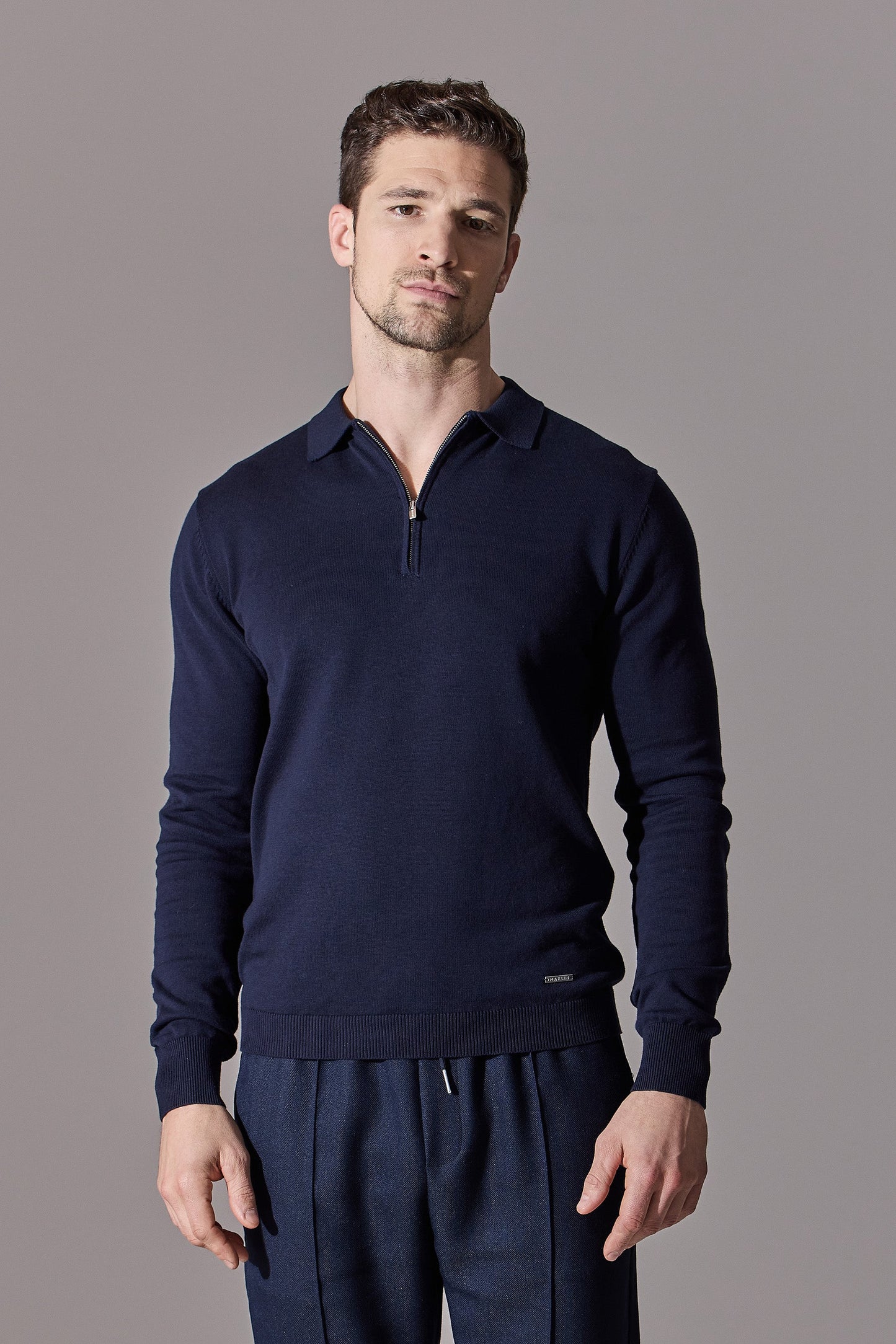 Polo shirts for men. Navy blue, zip collar, long sleeve. Menswear. Maklin clothing.