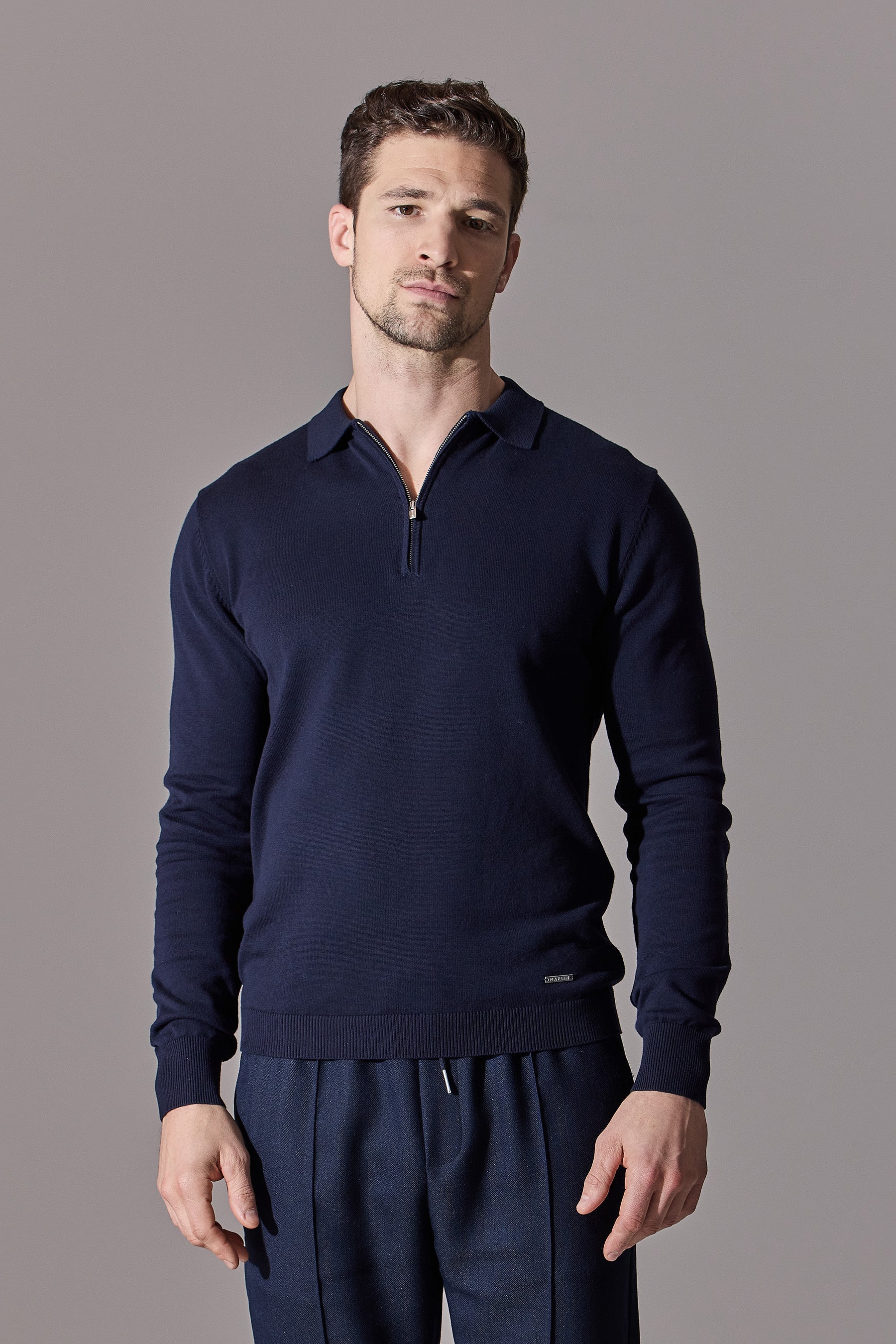 Polo shirts for men. Navy blue, zip collar, long sleeve. Menswear. Maklin clothing.