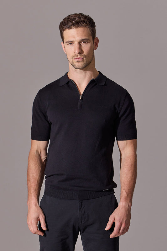 Mens polo shirt, black, short sleeve, zip collar. Maklin Clothing.
