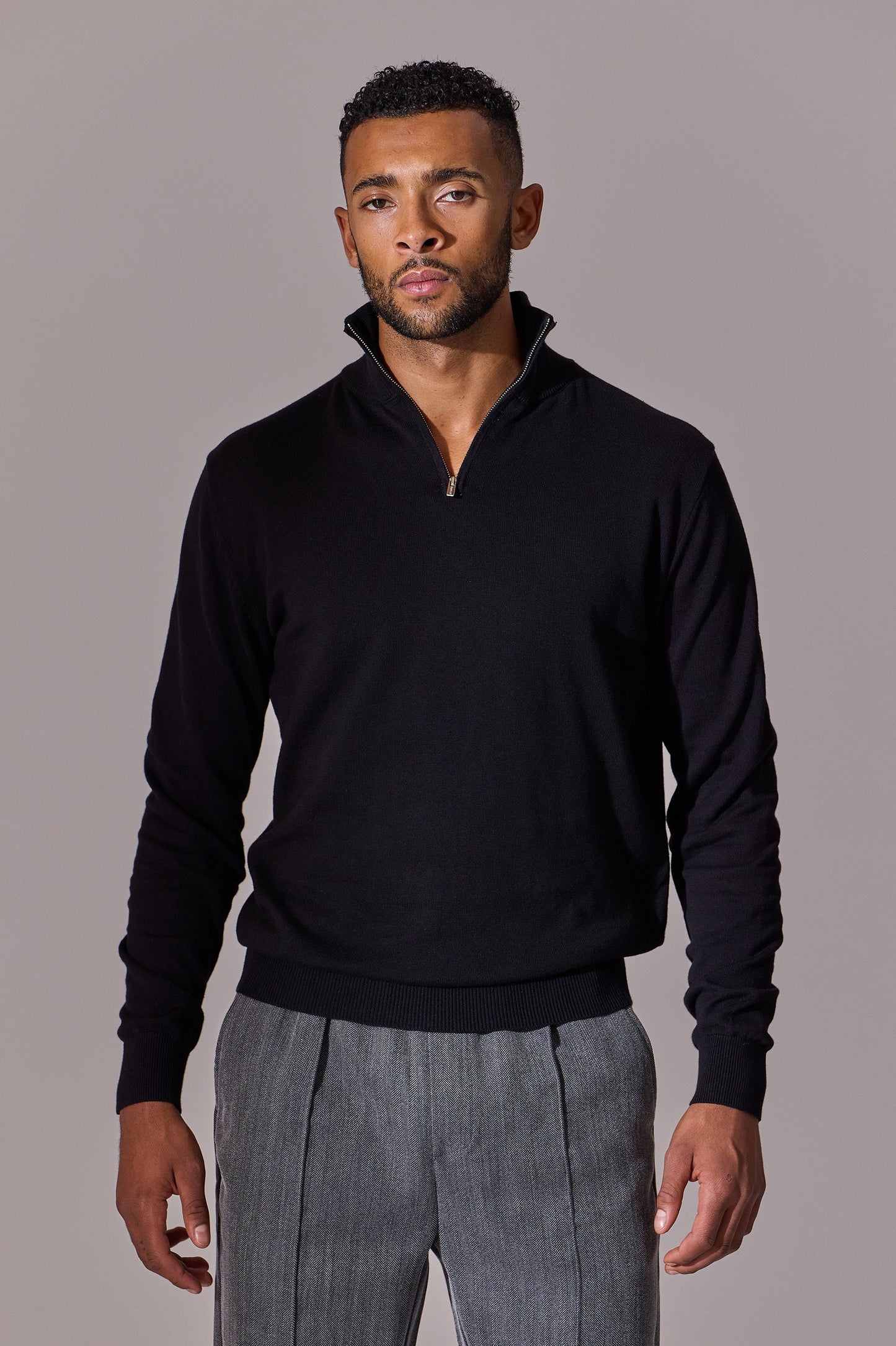 Maklin Clothing's long sleeve, zip collar, polo shirt for men. Black colour.