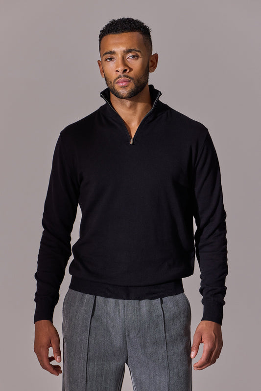 Maklin Clothing's long sleeve, zip collar, polo shirt for men. Black colour.