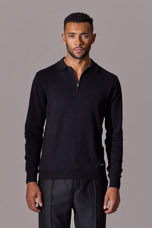 Long sleeve black polo shirt for men. Maklin clothing, zip collar. Menswear.