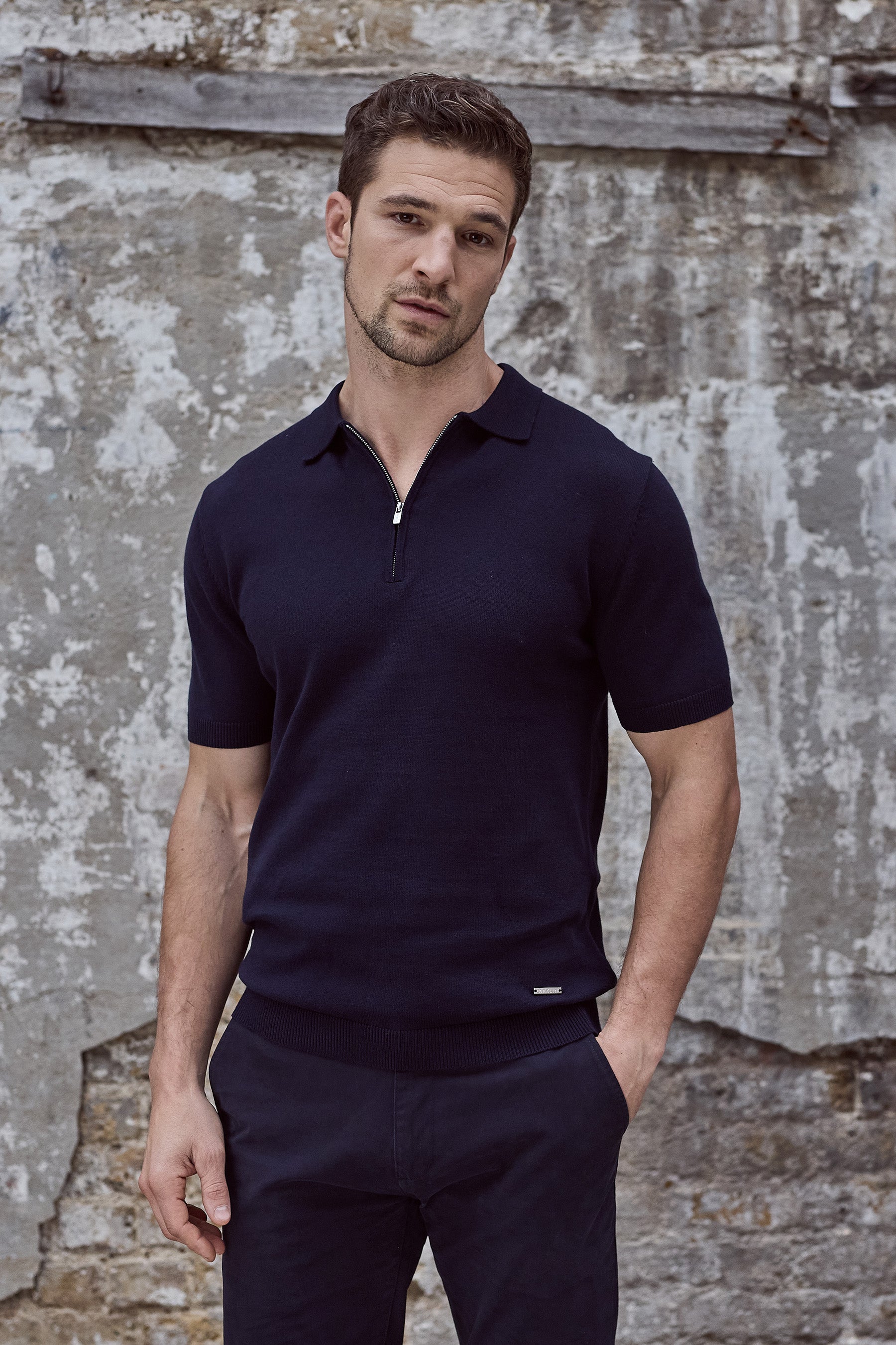 Navy blue polo shirt from Maklin Clothing. Zip collar. Menswear