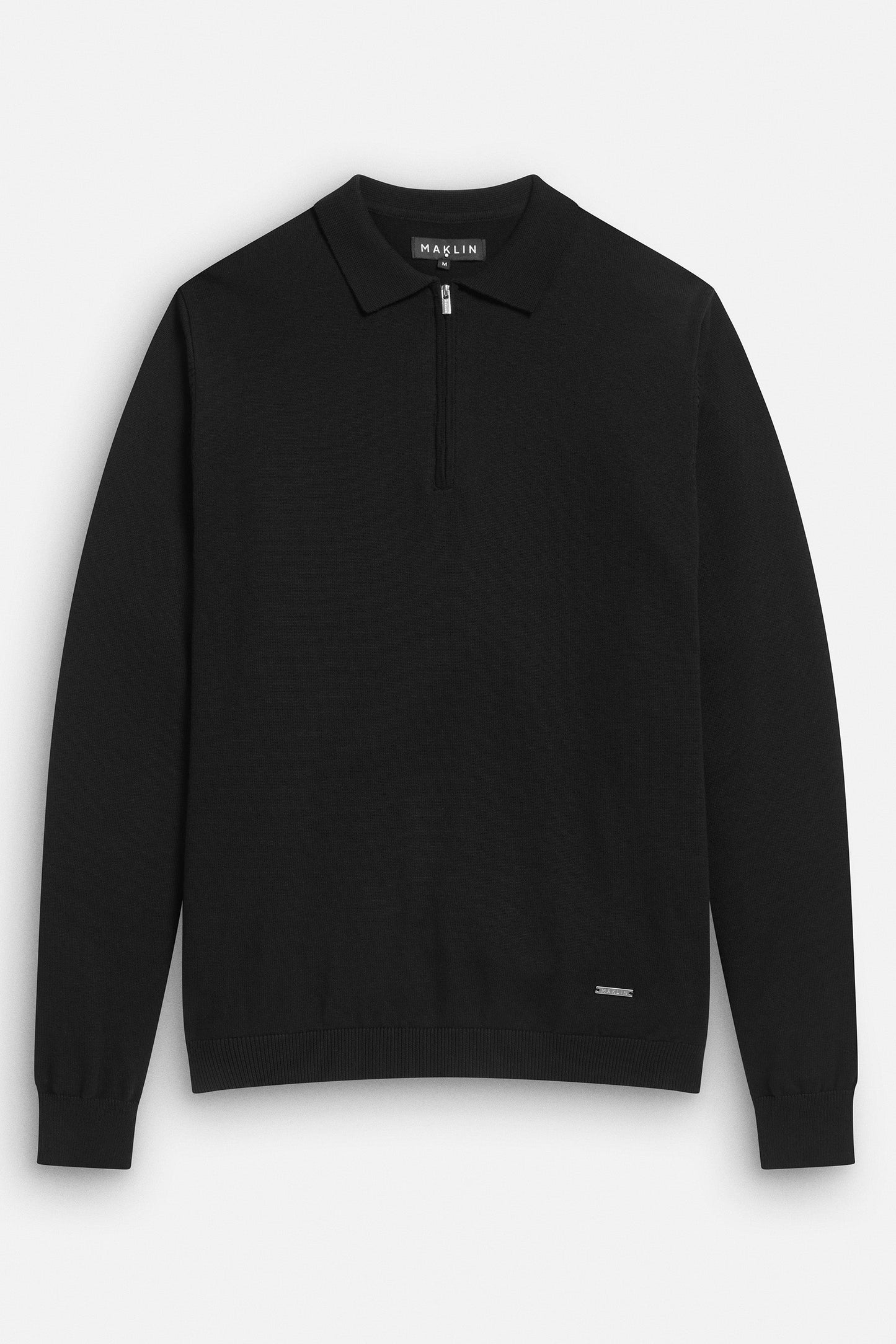 Men's black polo shirt, long sleeve with zip. From Maklin Clothing.