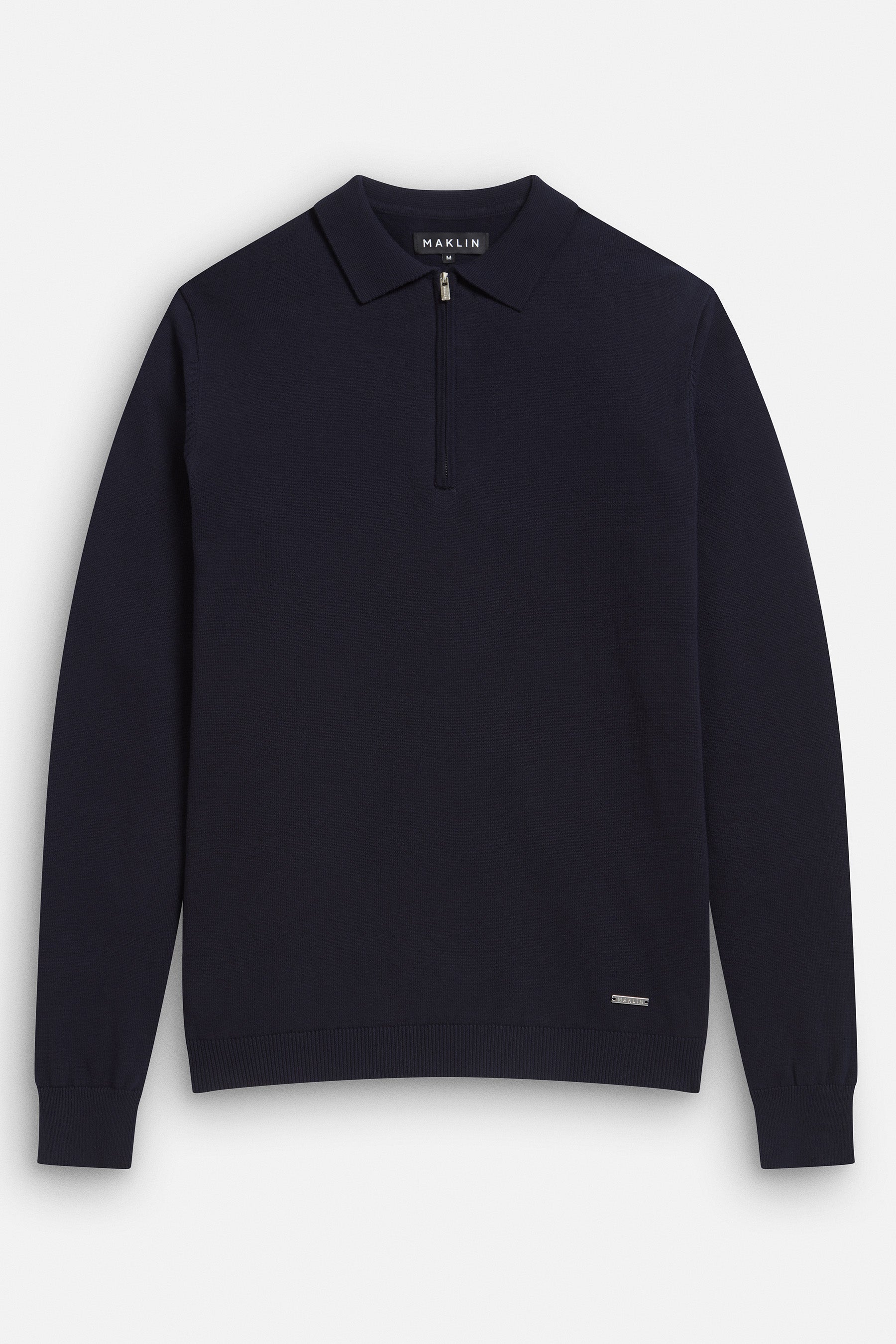 Men's navy blue polo shirt, long sleeve with zip. From Maklin Clothing.