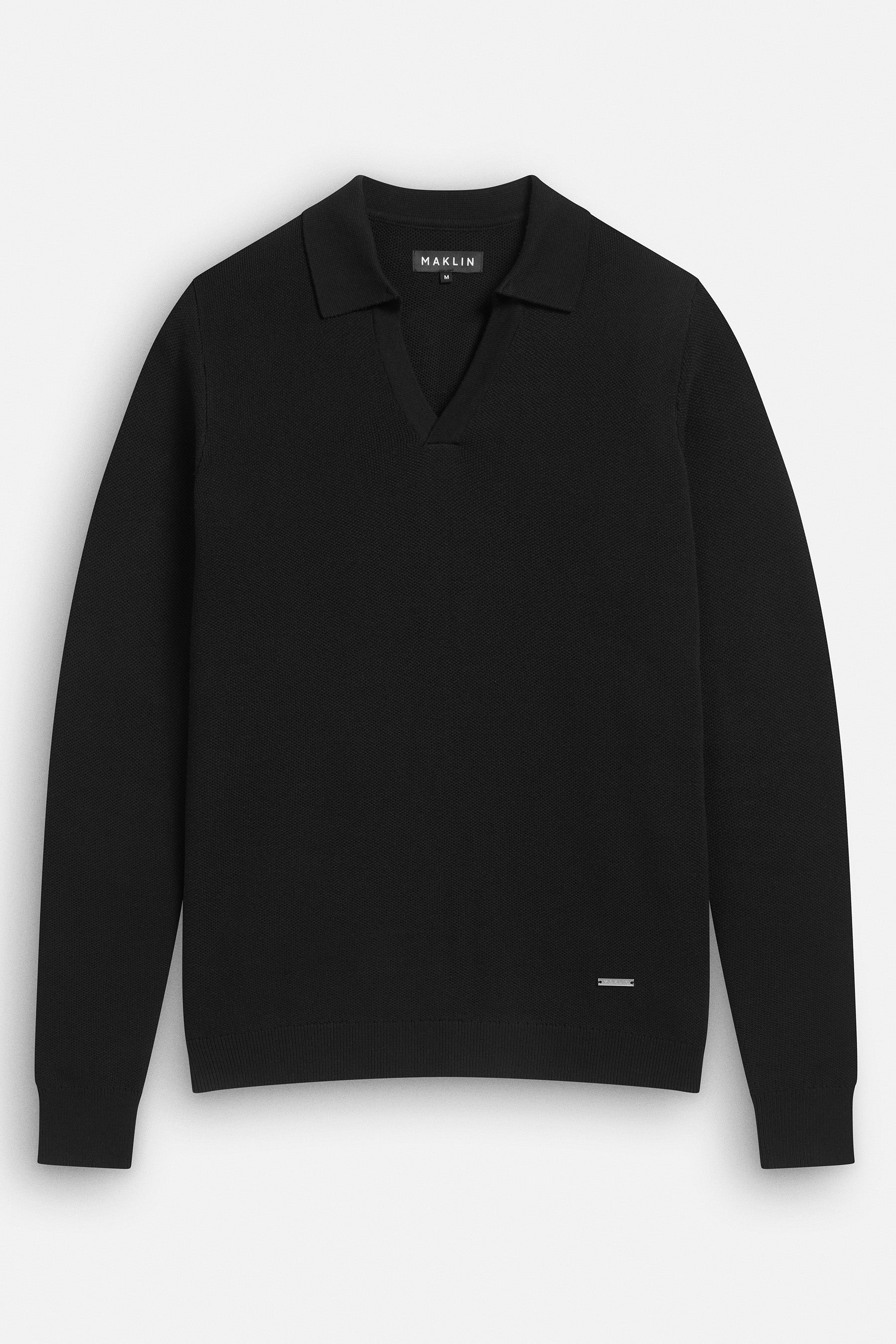 Black polo shirt for men. Long sleeve, open collar, from Maklin Clothing