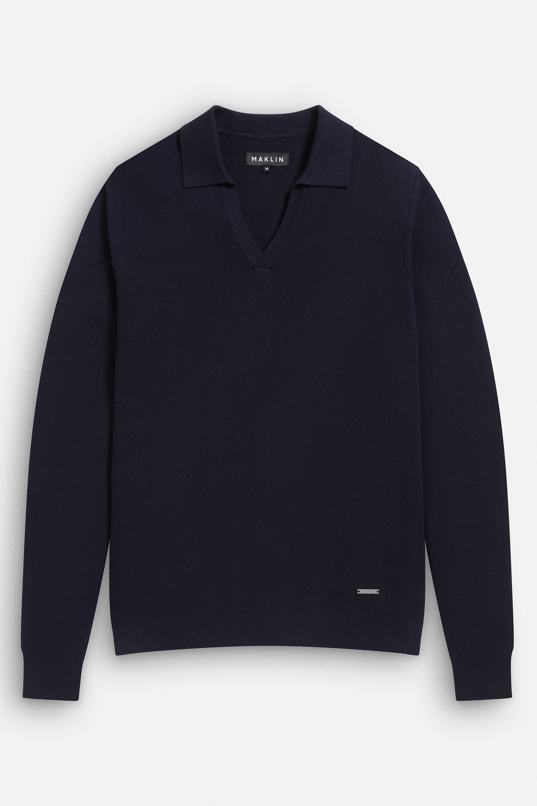 Navy blue polo shirt for men. Long sleeve, open collar, from Maklin Clothing