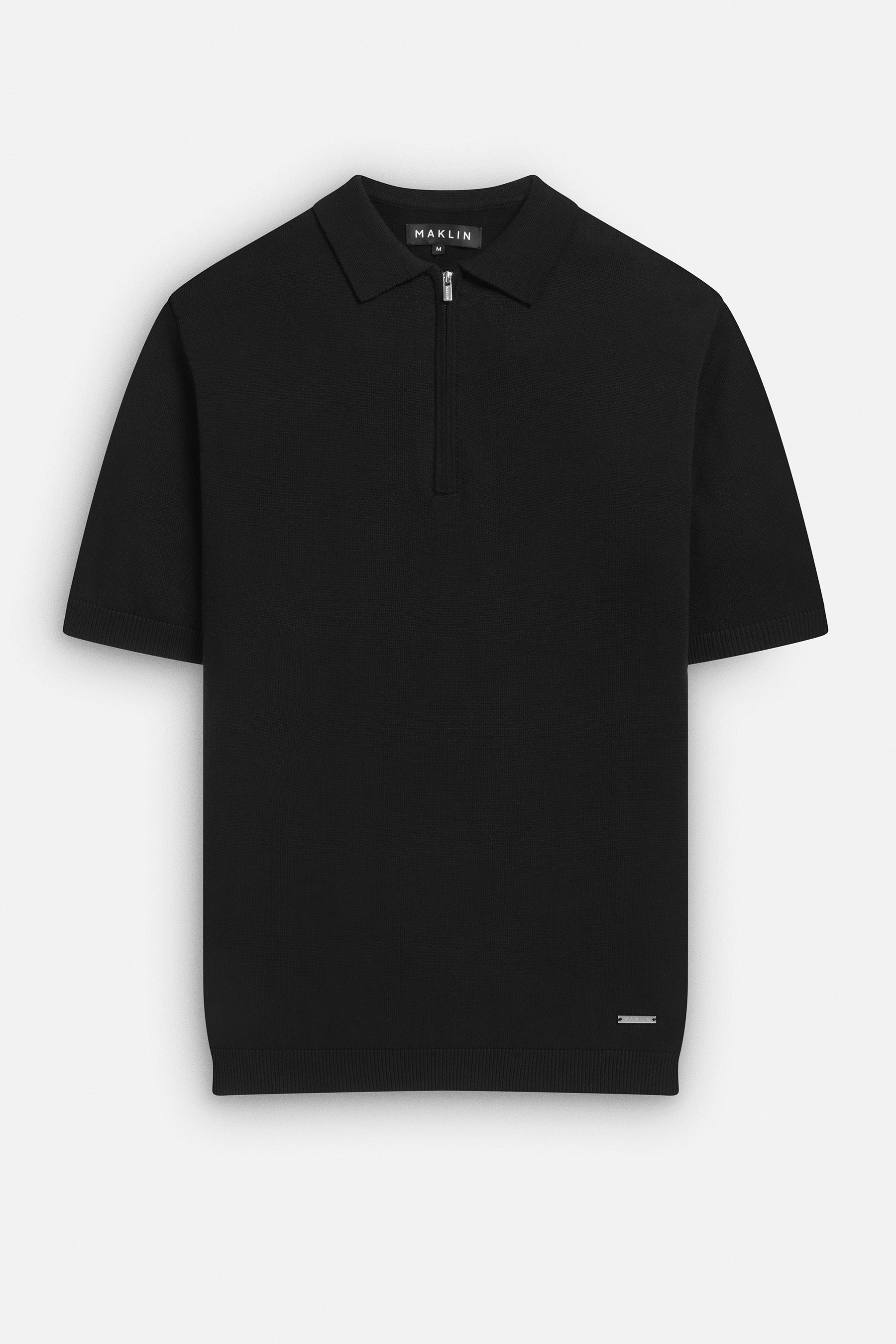 Men's black polo shirt, short sleeve with zip. From Maklin Clothing.
