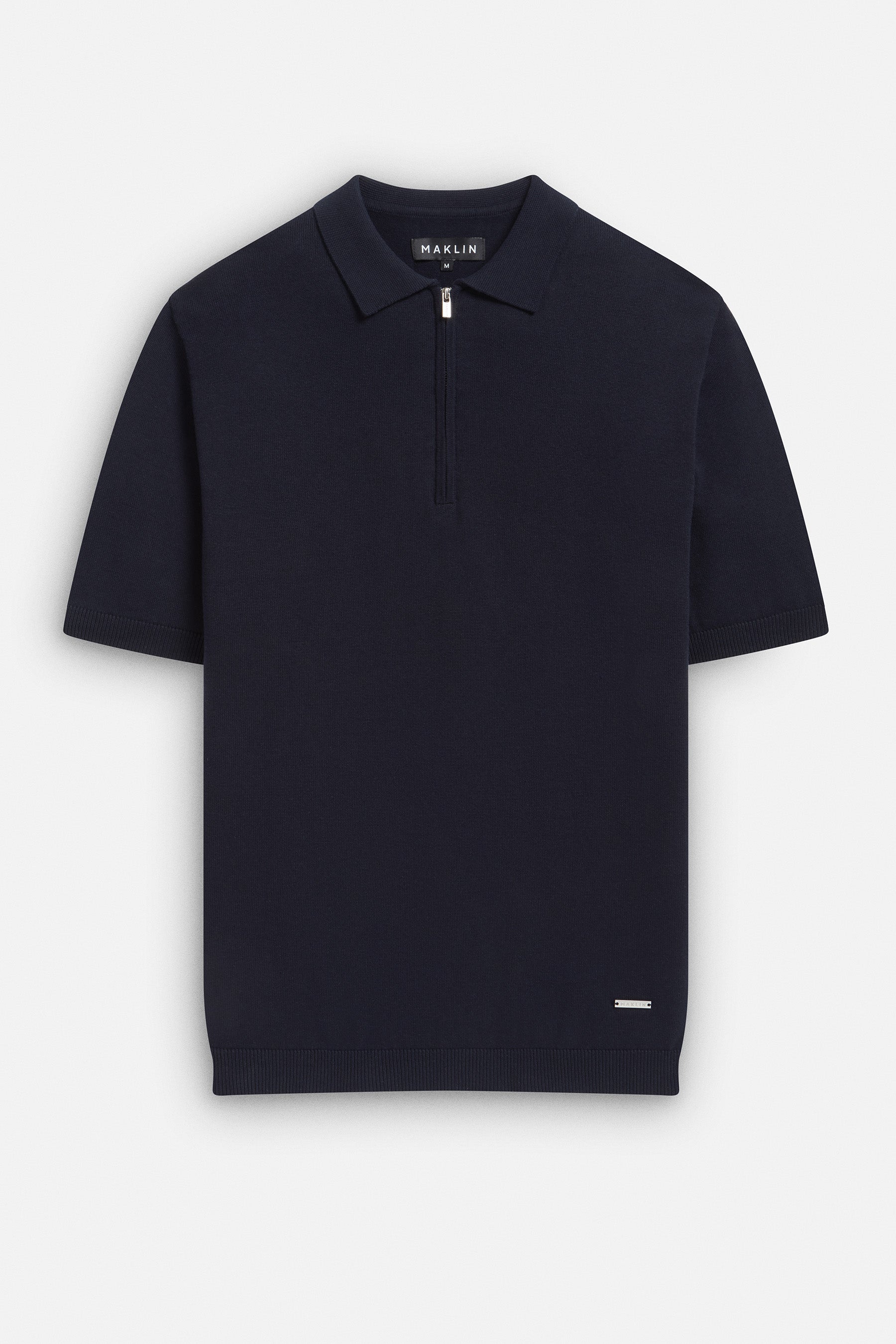Men's navy blue polo shirt, short sleeve with zip. From Maklin Clothing.