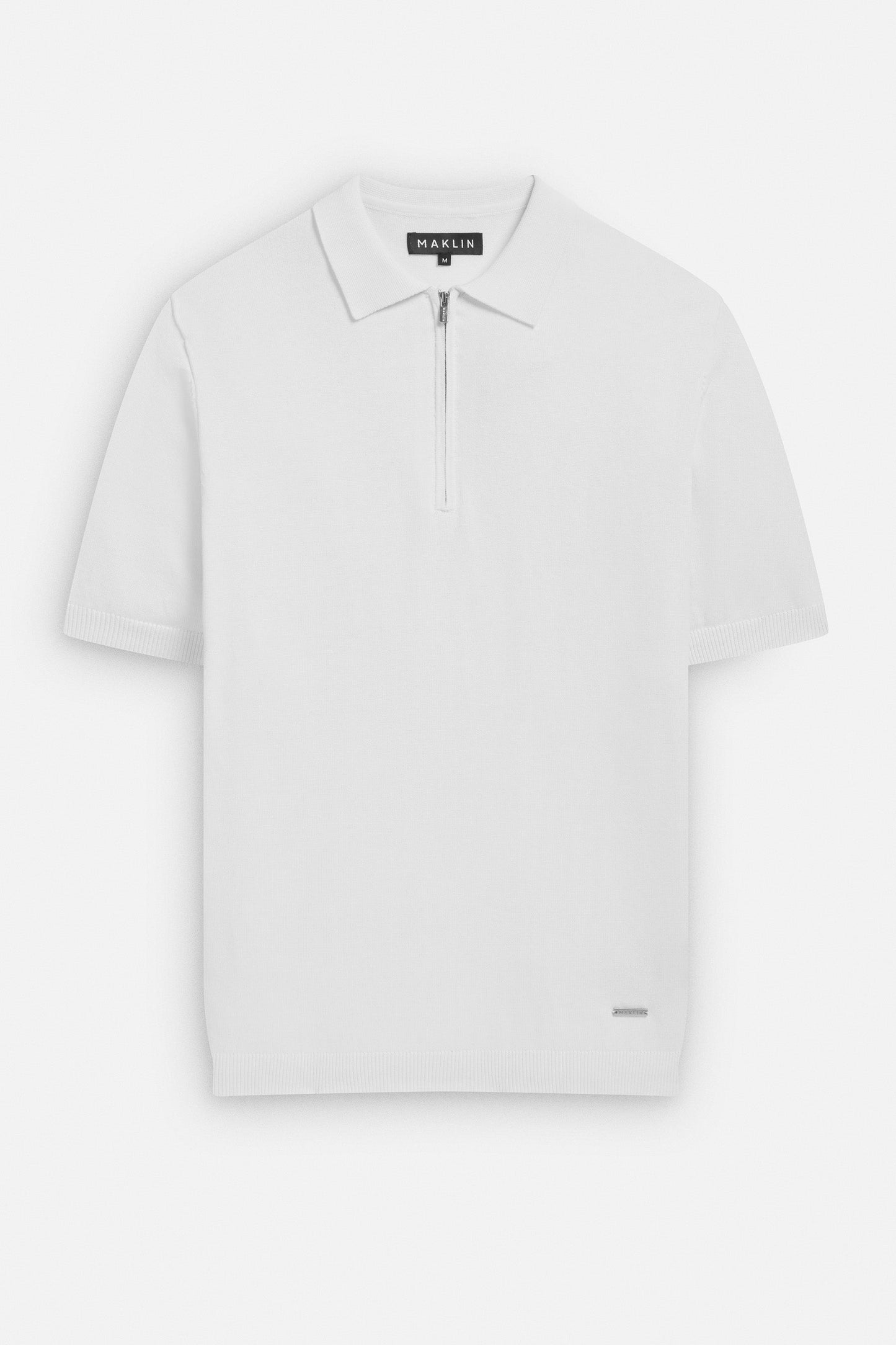Men's white polo shirt, short sleeve with zip. From Maklin Clothing.