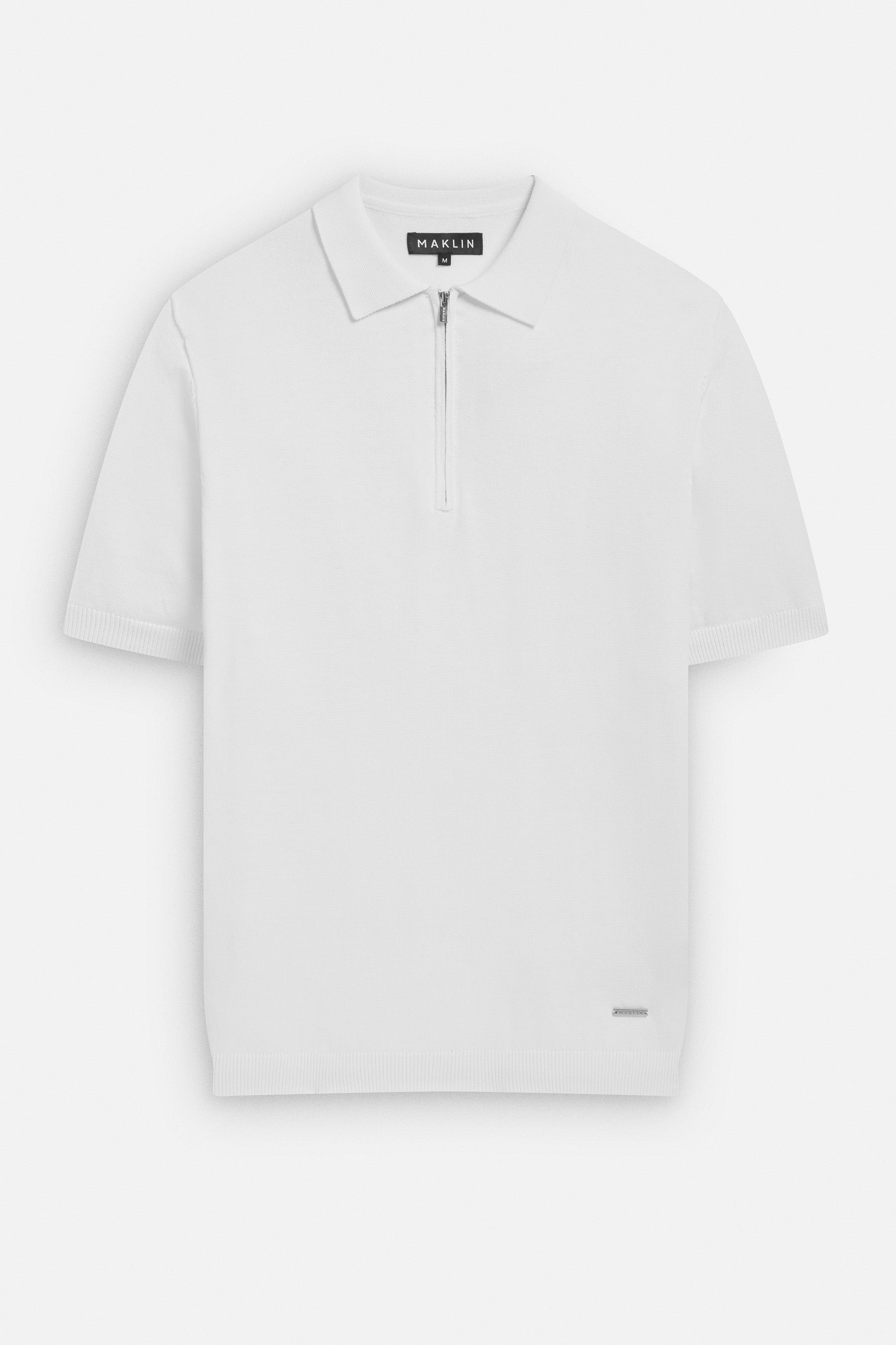 Men's white polo shirt, short sleeve with zip. From Maklin Clothing.