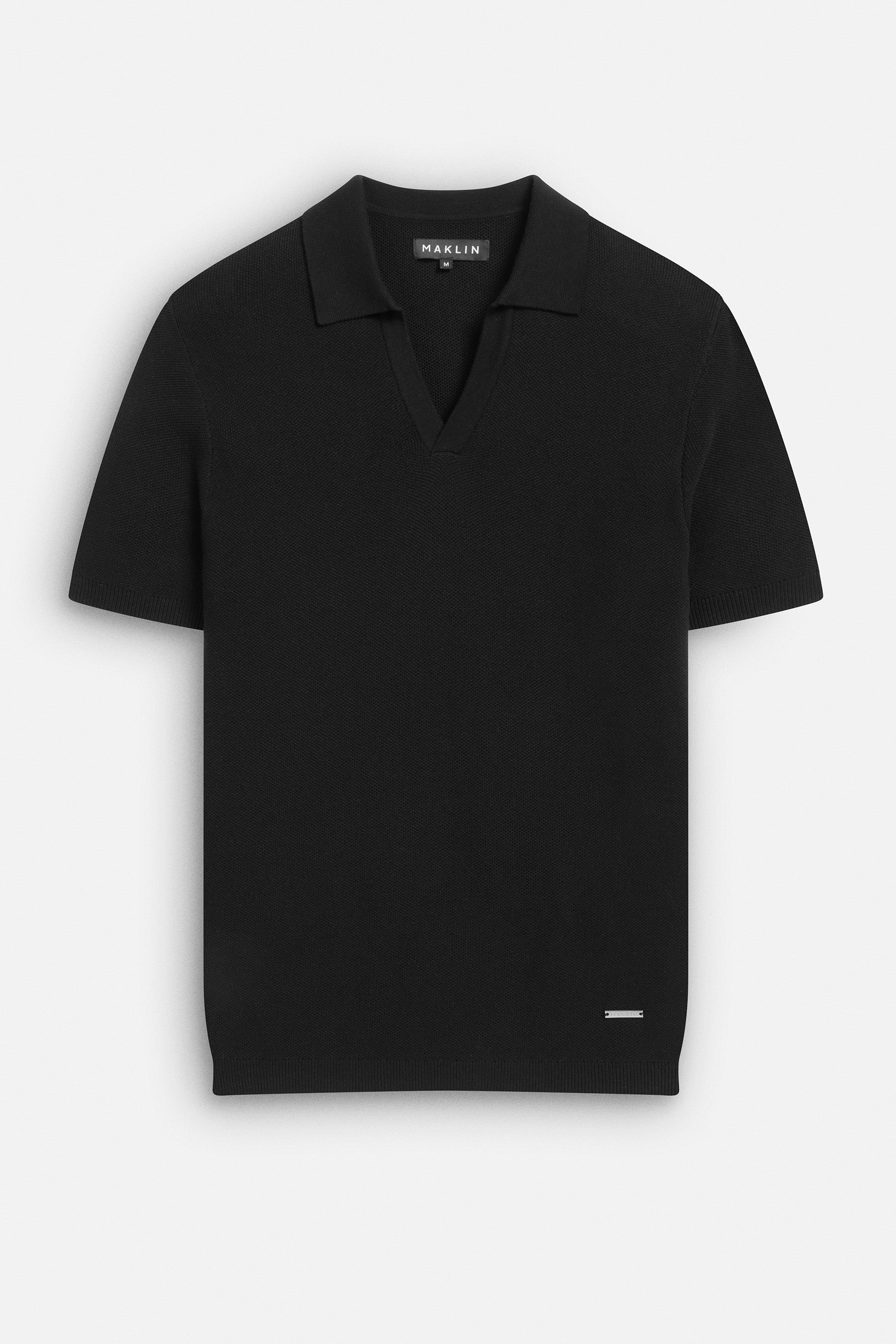 Black polo shirt for men. Short sleeve, open collar, from Maklin Clothing