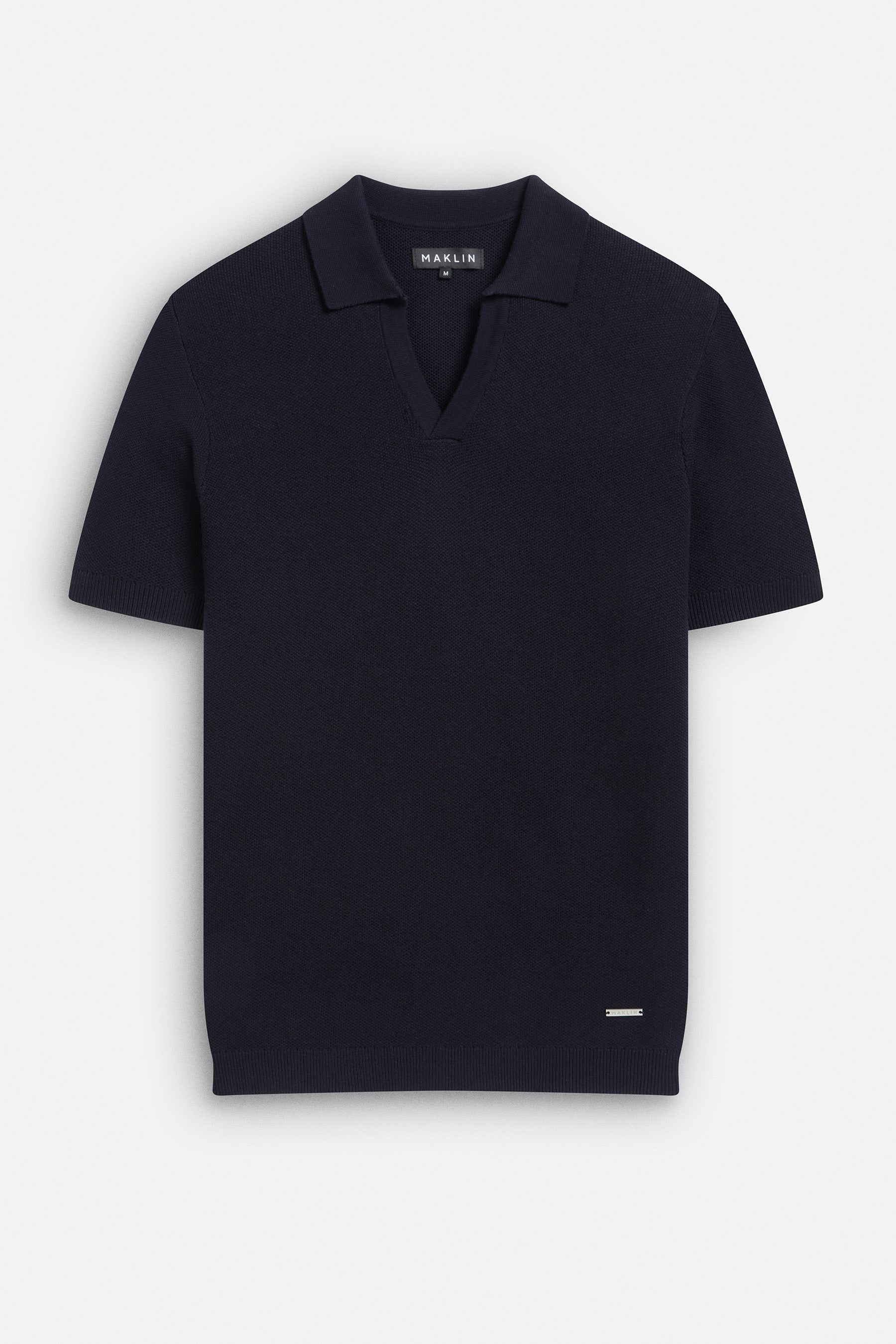 Men's navy blue polo shirt, short sleeve, open collar, from Maklin Clothing