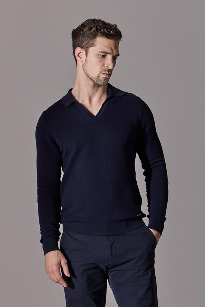 Navy blue polo shirt for men. Open collar, long sleeve. Maklin Clothing