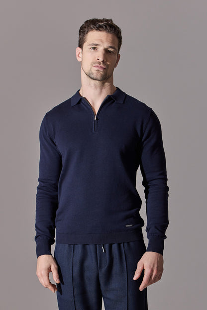 Polo shirts for men. Navy blue, zip collar, long sleeve. Menswear. Maklin clothing.