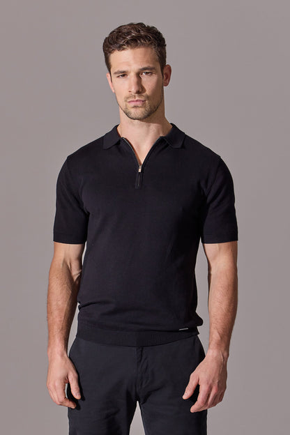 Mens polo shirt, black, short sleeve, zip collar. Maklin Clothing.
