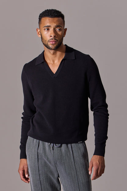 Black long sleeve polo shirt for men. Open collar. Maklin Clothing