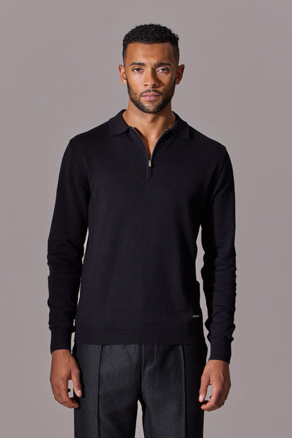 Long sleeve black polo shirt for men. Maklin clothing, zip collar. Menswear.