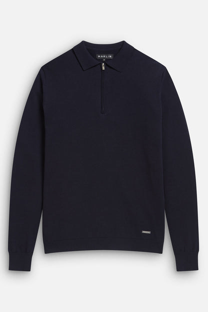 Men's navy blue polo shirt, long sleeve with zip. From Maklin Clothing.