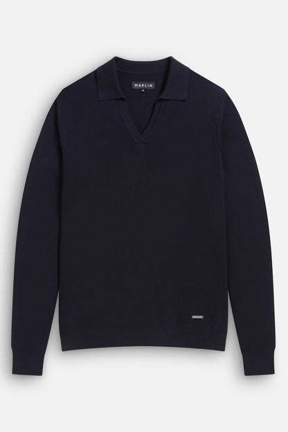 Navy blue polo shirt for men. Long sleeve, open collar, from Maklin Clothing