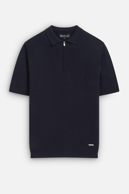 Men's navy blue polo shirt, short sleeve with zip. From Maklin Clothing.