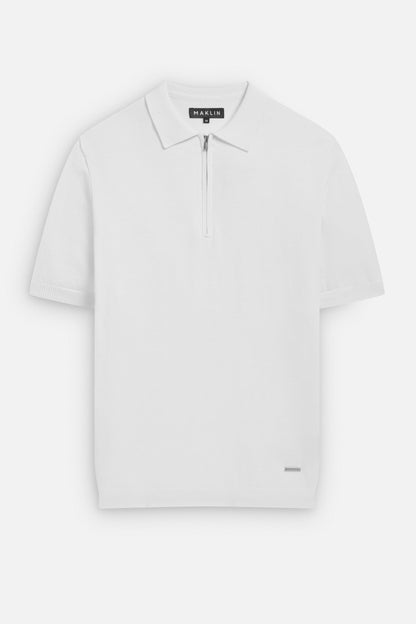 Men's white polo shirt, short sleeve with zip. From Maklin Clothing.
