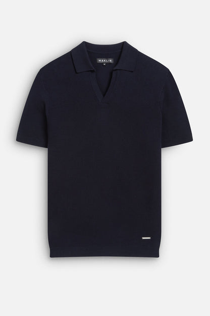 Men's navy blue polo shirt, short sleeve, open collar, from Maklin Clothing
